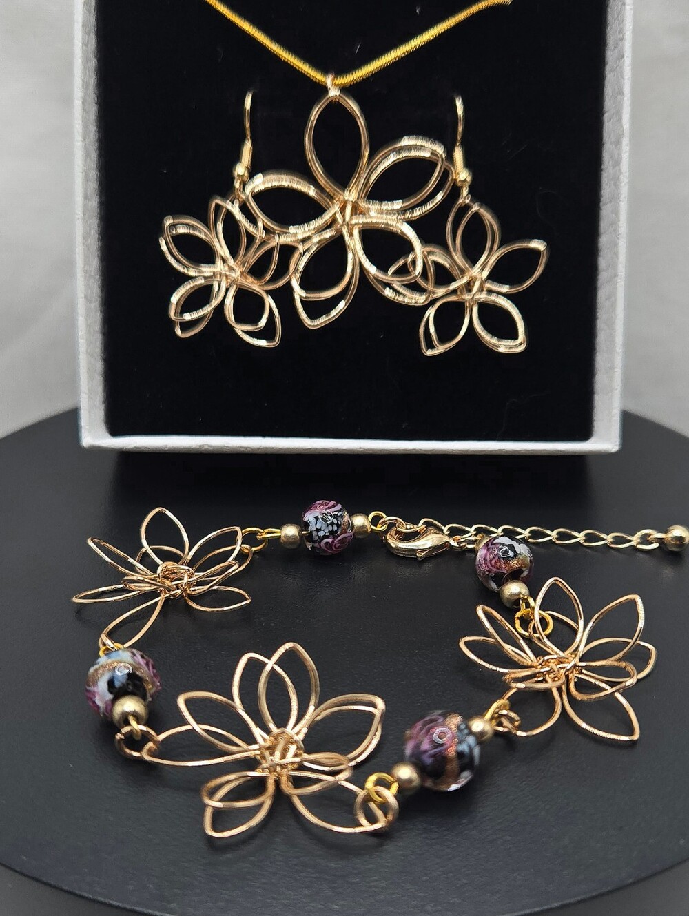 Hand Crafted Lampwork Beaded Gold Stainless Steel Floral Jewelry Set